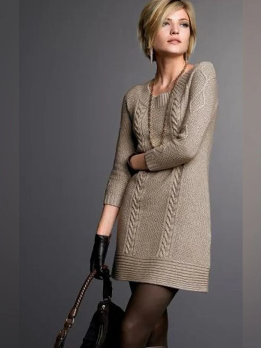 Banana Republic Cable Knit Sweater Dress XL Taupe Lambswool Cashmere Blend